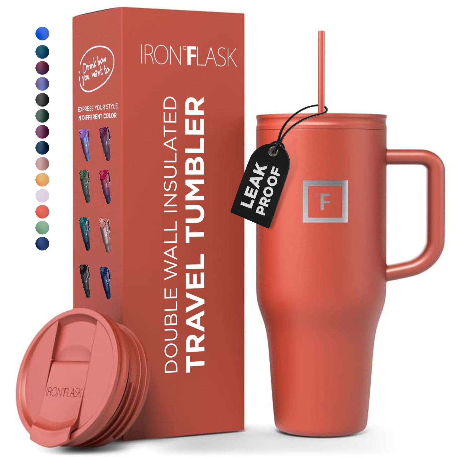 IRON °FLASKCo-Pilot Insulated Mug w/Straw & Flip Cap Lids - Cup Holder Bottle for Hot, Cold Drink - Leak-Proof - Water, Coffee Portable Travel Mug - Rusty Red, 32 Oz