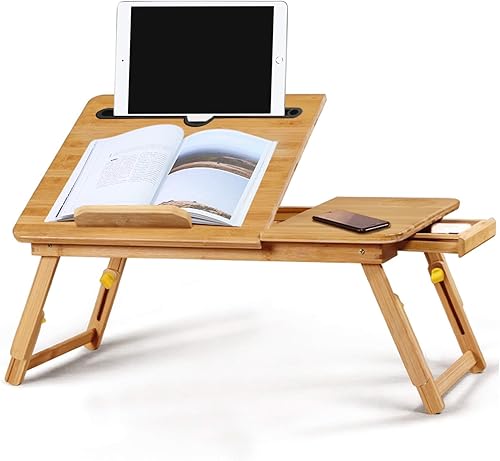 Miniatura 2 de Mesa de bambú para cama de hasta 17.7 pulgadas, plegable, para desayuno, tareas, estudio, lectura, comida, bandeja de alimentos