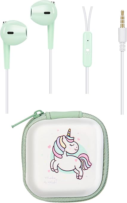 Amazon Co Jp 子供用イヤホン 収納ケース付き かわいいキッズイヤホン マイク付き 学校用 有線インナーイヤーヘッドフォン 女の子 男の子 大人用 グリーンユニコーン Electronics