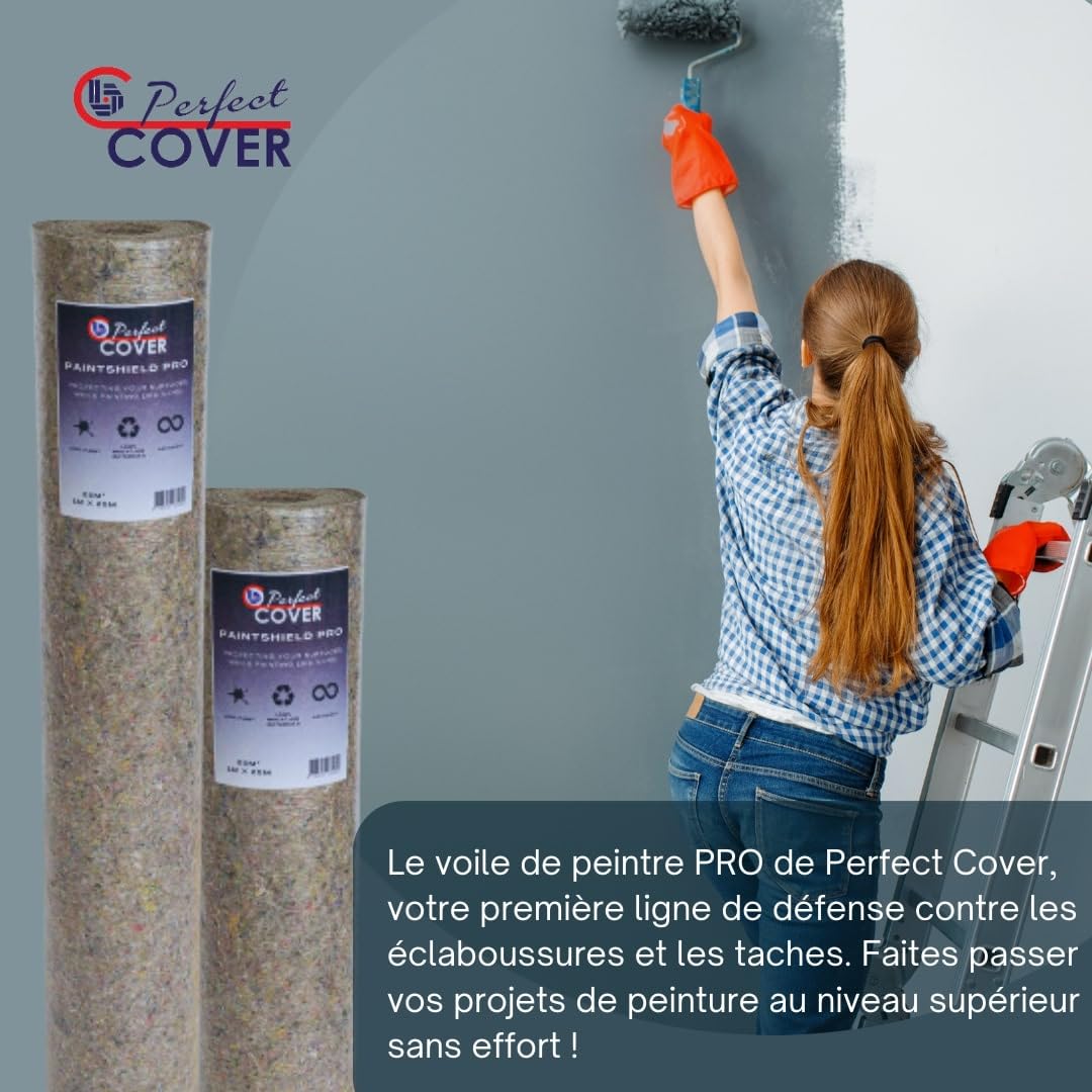 Perfect Cover Schildersvlies Pro - Rouleau de Protection de Sol Haute Qualité - Non-Tissé Résistant aux Liquides - Antidérapant et Robuste - Idéal pour Travaux de Peinture et de Rénovation (1m x 50m)