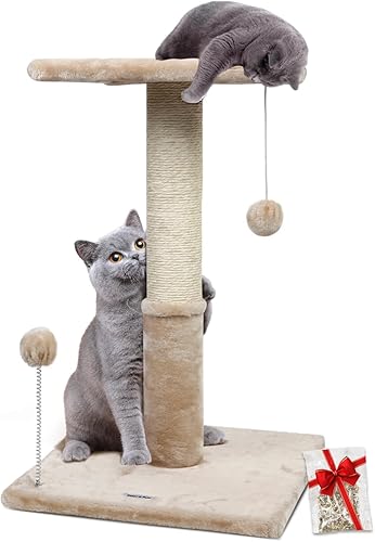 Happi N Pets Poste rascador para gatos de 26 pulgadas con perca, árboles rascadores de sisal natural para gatos de interior, con bolas colgantes y
