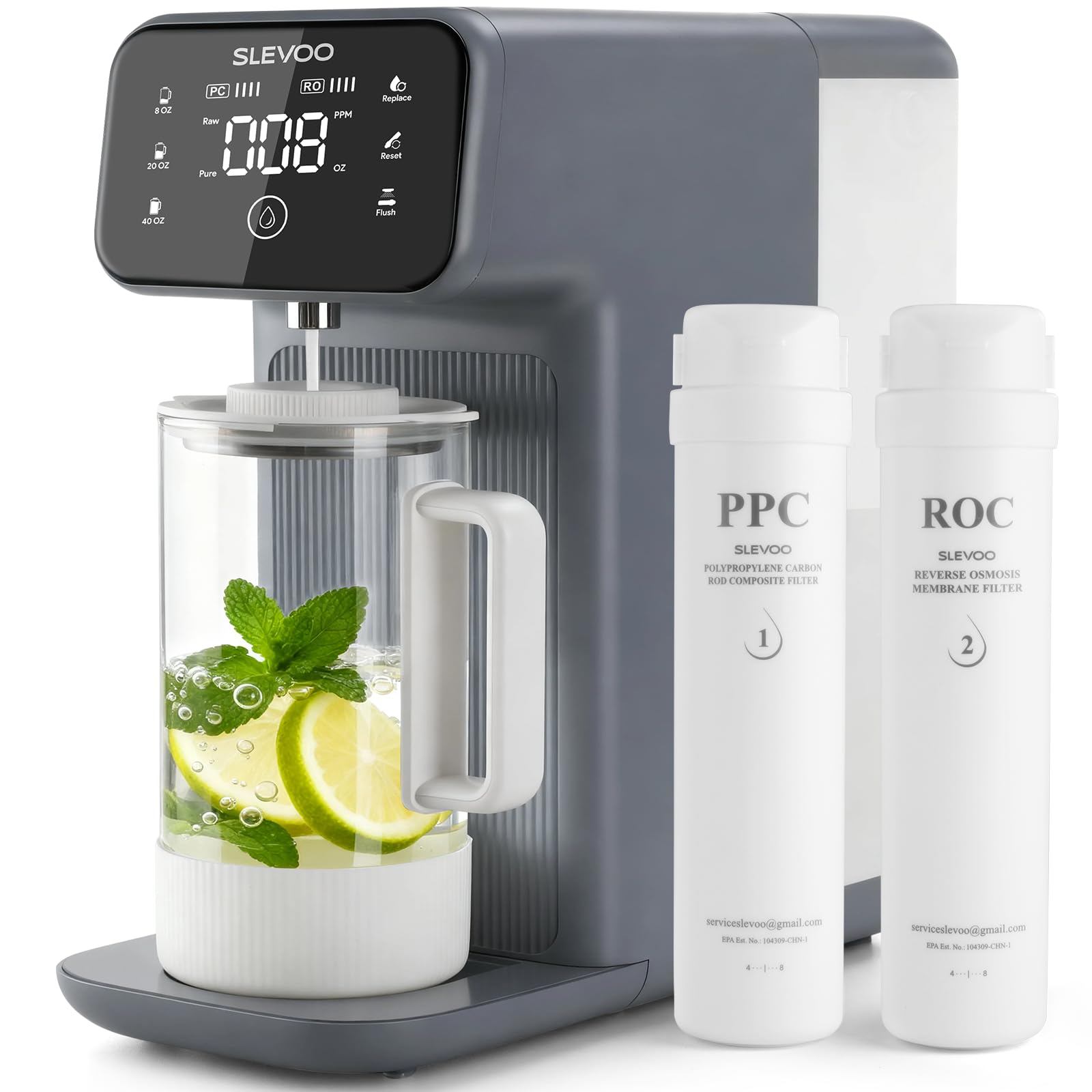 Auftisch Osmoseanlage Trinkwasser,6-stufiger Filtration gegen Nitrat & PFAS,Abwasserverhältnis 4:1,TDS-Monitor, 4L-Tank, 1,2L Remineralisierungs-Glaskrug für alkalisches Wasser (bläulich-grau)