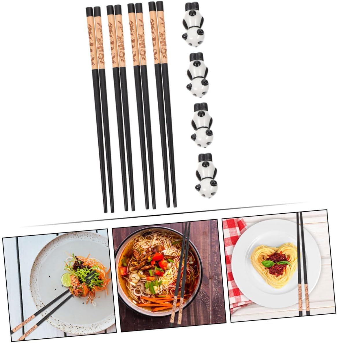 12pcs Reusable Chopsticks Set with 4 Ceramic Panda Chopstick Holders Dishwasher Safe Wooden for Home Dining and Hot Pot Use