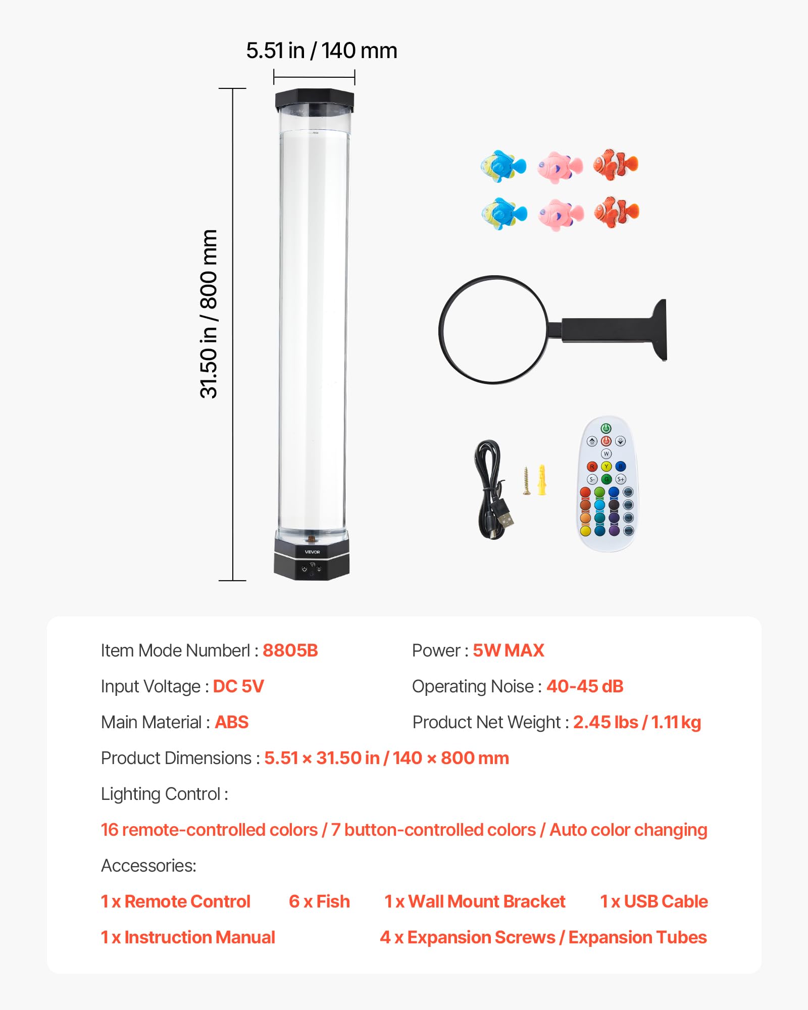 VEVOR Lavalampe mit 6 schwimmenden Fischen, 80 cm, Blasenlichtlampe, 16 Farbwechsel-Lichteffekte, Fernbedienung, Stimmungslicht, Aquarium Nachtlicht für Schlafzimmer, Wohnzimmer, Heimdekoration