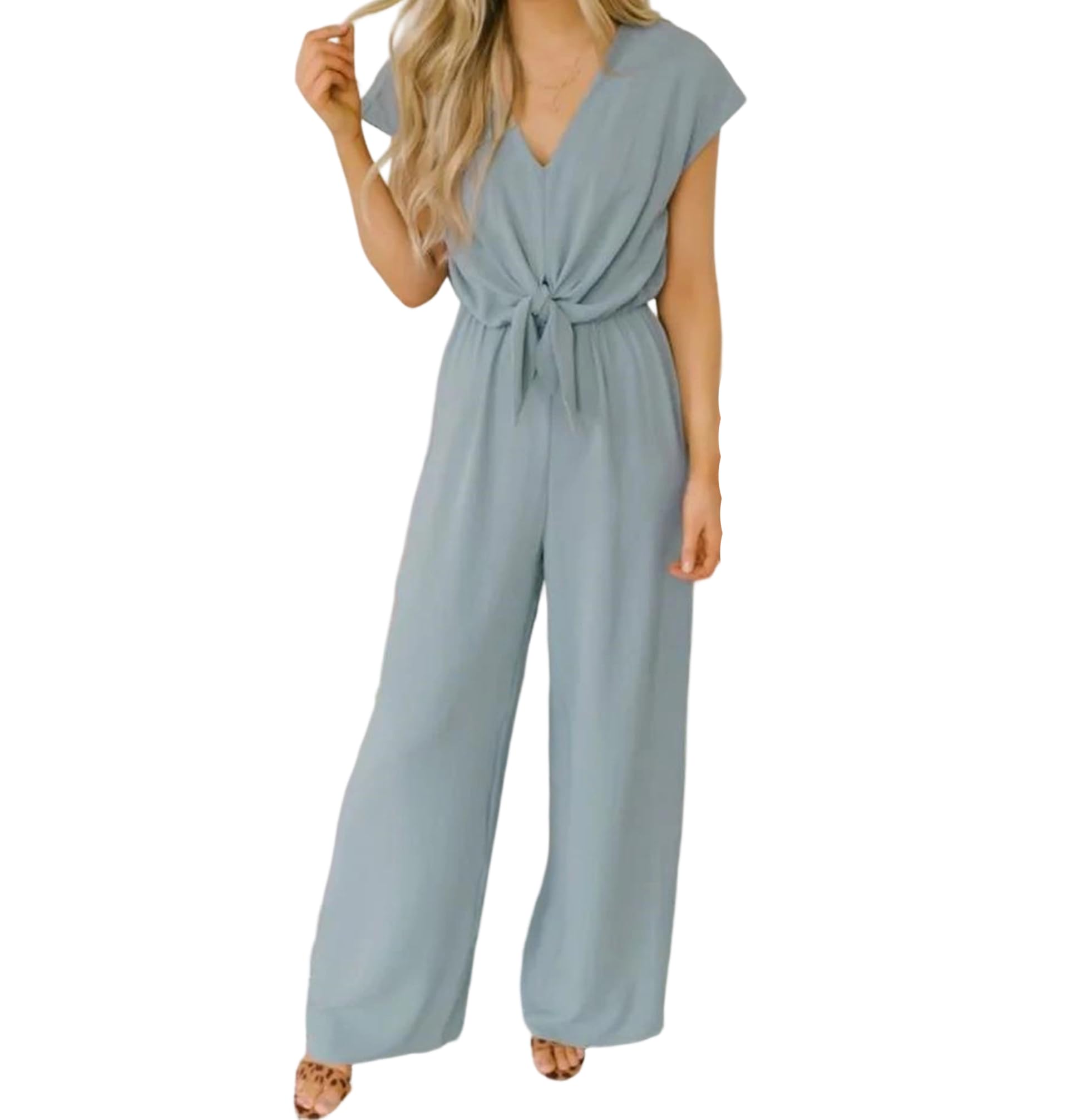 Yeuyyben Overol de verano para mujer, cuello en V, sin mangas, pierna ancha, color sólido, casual, ajuste holgado, espalda descubierta, para oficina