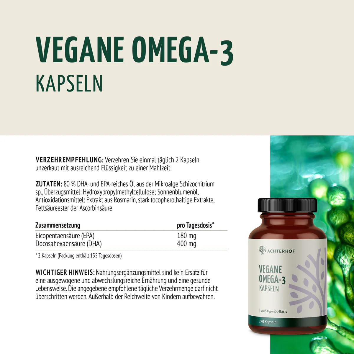 Vegane Omega-3 Kapseln | 270 Stück | Vorteilspack für 4,5 Monate | auf Basis von Algenöl mit 180 mg EPA und 400 mg DHA pro Tagesdosis | hochdosiert & bioverfügbar | Achterhof