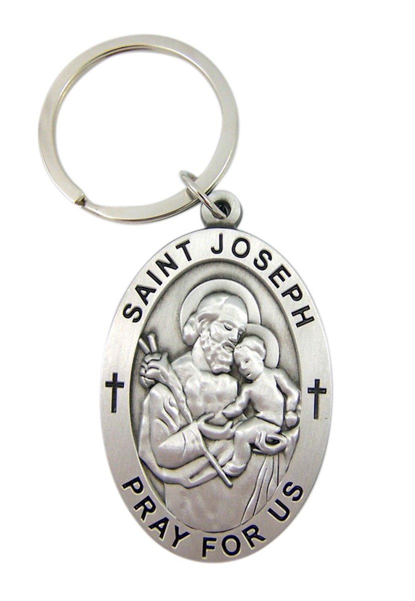 Pewter Patron Saint Joseph Pray for Us Oval Pendant Key Chain, 2 1/4 Inch