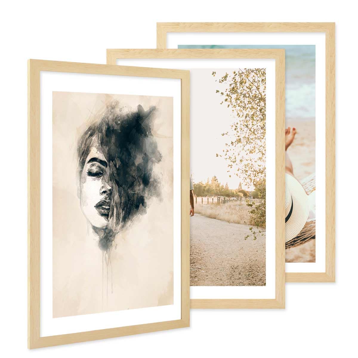 PHOTOLINI Marco 40x60 cm madera MDF pino, set de 3 marcos anchos, moderno, cristal acrílico sólido, para colgar, accesorios adicionales - para una decoración elegante de su pared