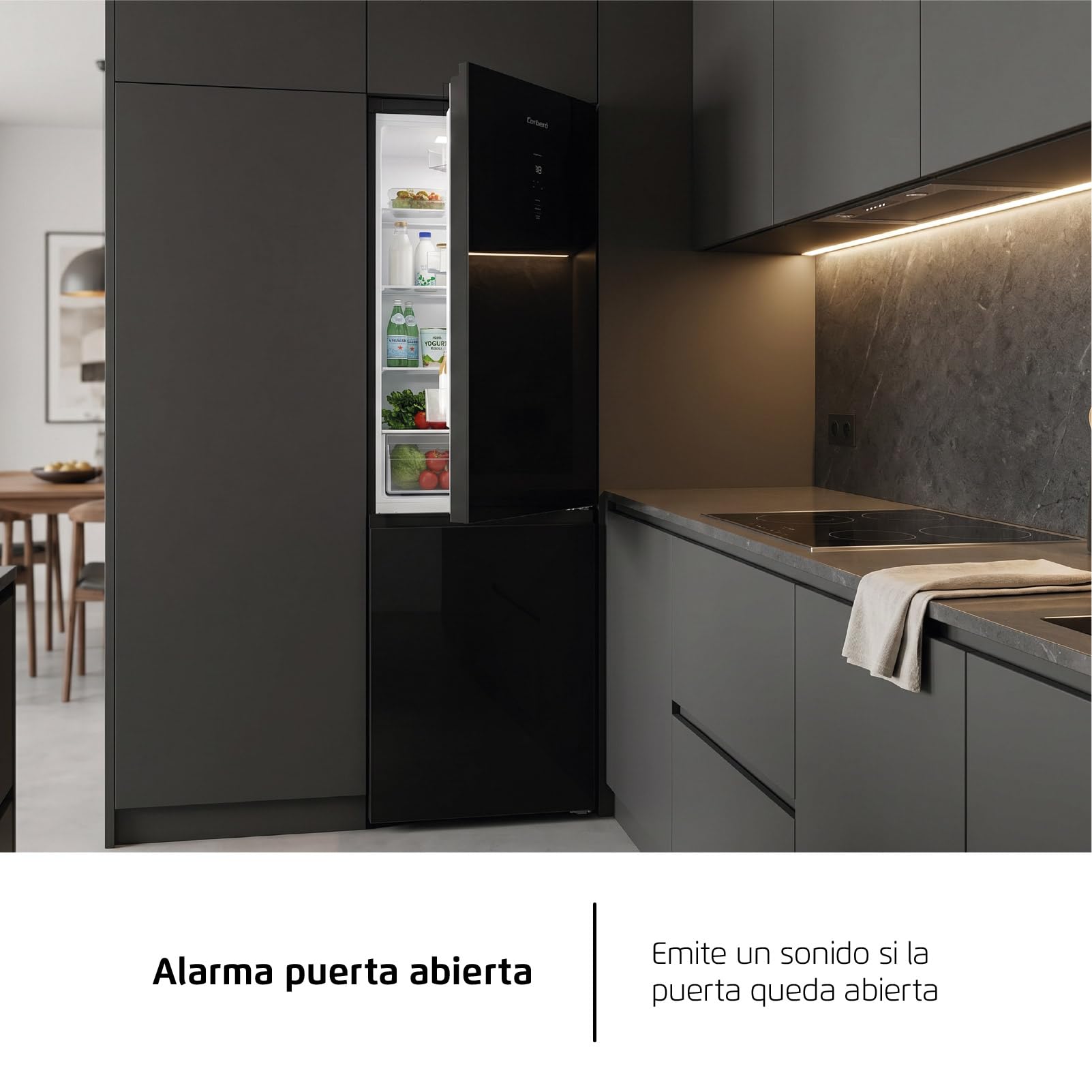 Corberó - Frigorífico Combi | CCHGL186NFN | 400 Litros | 187 cm | No Frost | Funciones Super, ECO y Vacaciones | Fresh Box | Cristal Negro