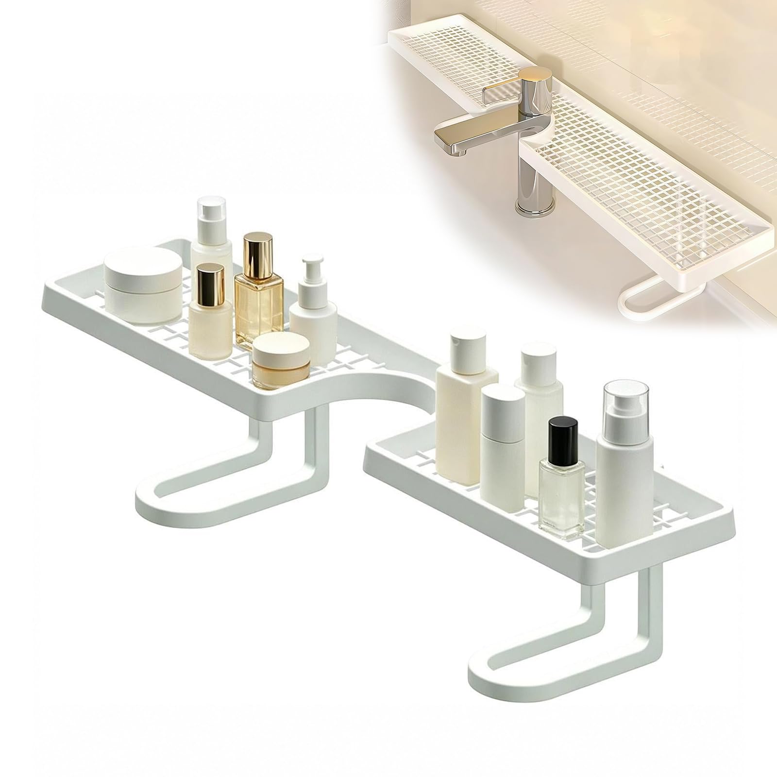 Behind The Faucet Sink Organizer, No-Drill Free Over The Sink Shelf Bathroom, Universal Thickened Behind The Faucet Shelf Bathroom, Space-Saving Countertop Organizer (A-White,50CM)