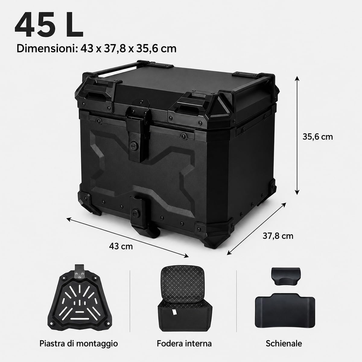 Bauletto Moto Alluminio 45 L per Casco integrale e Giacca da con Piastra di Montaggio Fodera interna e Schienale Valigia Posteriore Total Black per Scooter Moto Uso Quotidiano