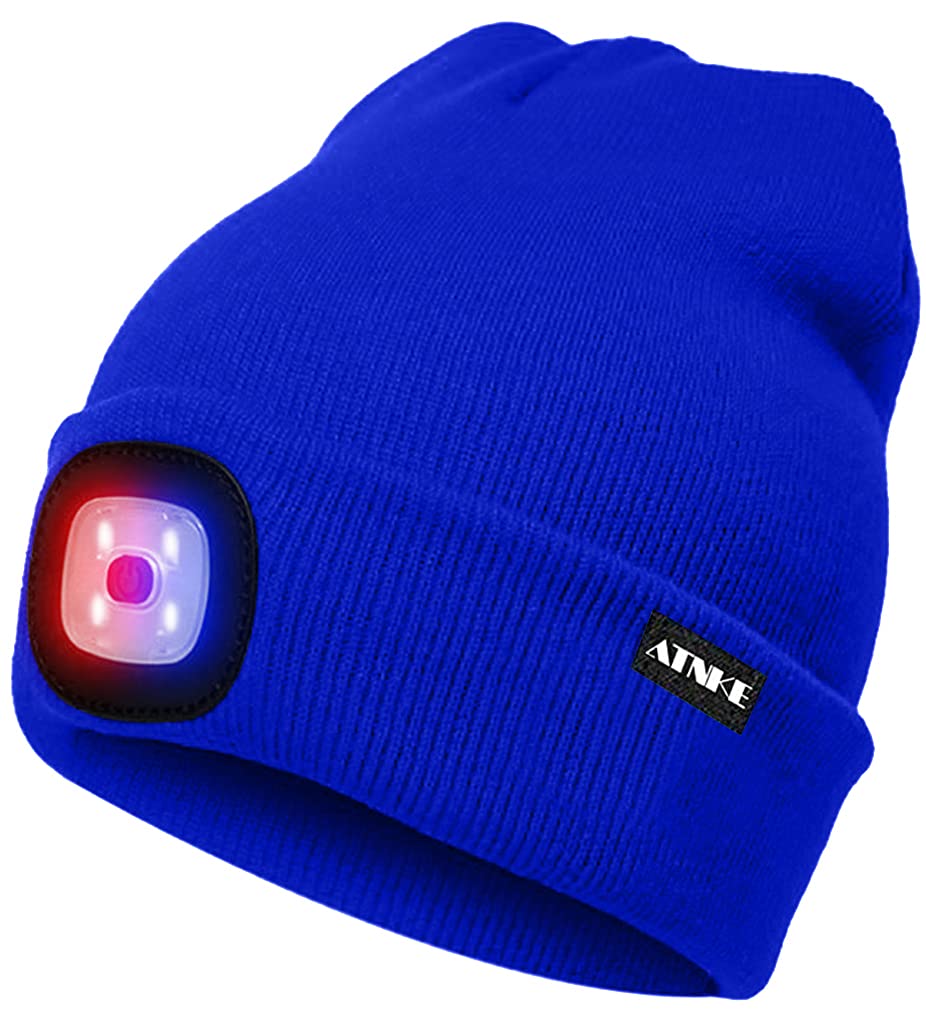 Atnke Men's Blue Led Lighted Beanie Cap,Usb Rechargeable 4 Led Red And Glow Flashing Running Headlamp Hat Winter Warm Gifts For And Wo