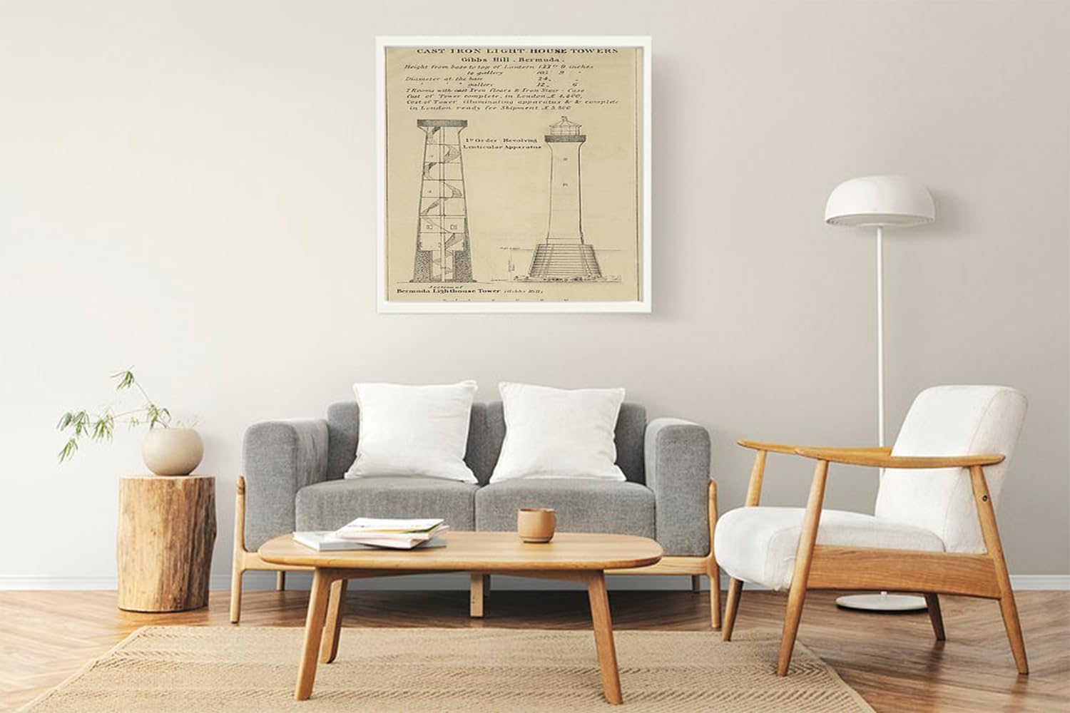 VERRE ART Printed Framed Canvas Painting for Home Decor Office Wall Studio Wall Living Room Decoration (22x22inch White Floater) - Gibbs Hill Lighthouse