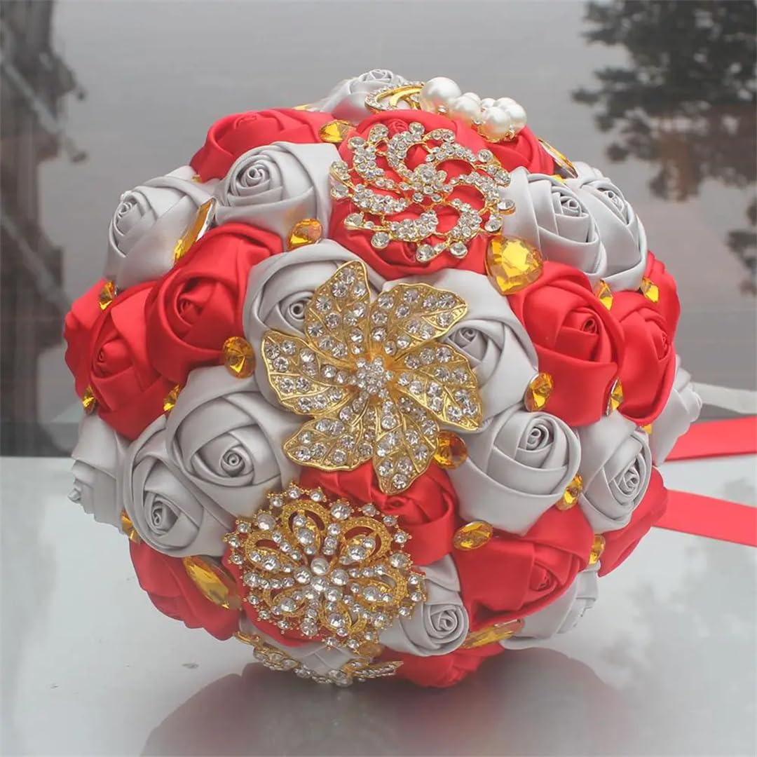 HJRegaFimu Gold Brooch Hand Holding Flower Bouquets Bridal Bridesmaid Crystal Silk Wedding Bouquet 18cm Light En8