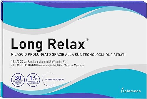 Plameca Long Relax - Integratore naturale anti ansia e stress - Doppia azione rilassante - Formula a due strati con Ashwagandha, Melissa, Passiflora, Gaba, Magnesio, Vitamina B6 e B12-30 Compresse Generico - integratore