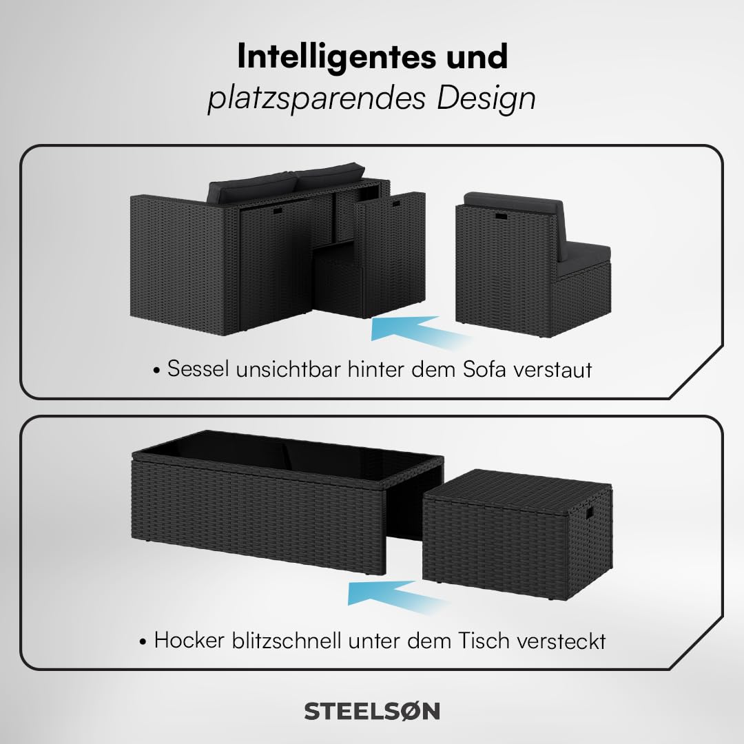 STEELSØN Noctura Rattan Gartenmöbel Set 6-TLG. – Gartenlounge mit Sofa, Sessel, Tisch & Hocker – Sitzgruppe Outdoor schwarz/anthrazit Garten/Balkon/Terasse – Sitzgarnitur Set Metallgestell wetterfest