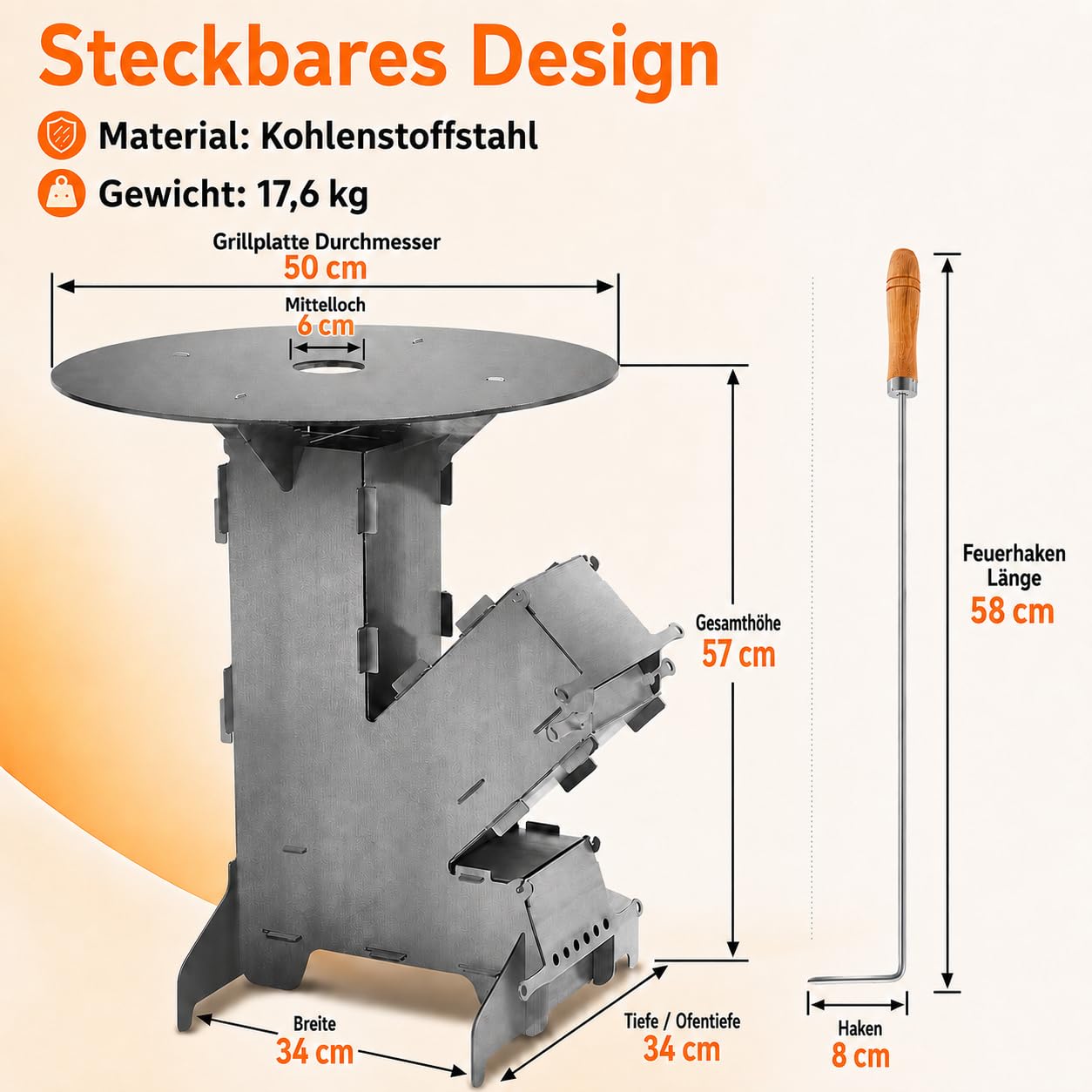 Piec rakietowy z płytą grillową i hakiem paleniskowym Rocket Stove Outdoor 2 dodatkowe nóżki, piecyk kempingowy, piec na drewno, grill kempingowy, piec rakietowy z masywnej stali o grubości 3