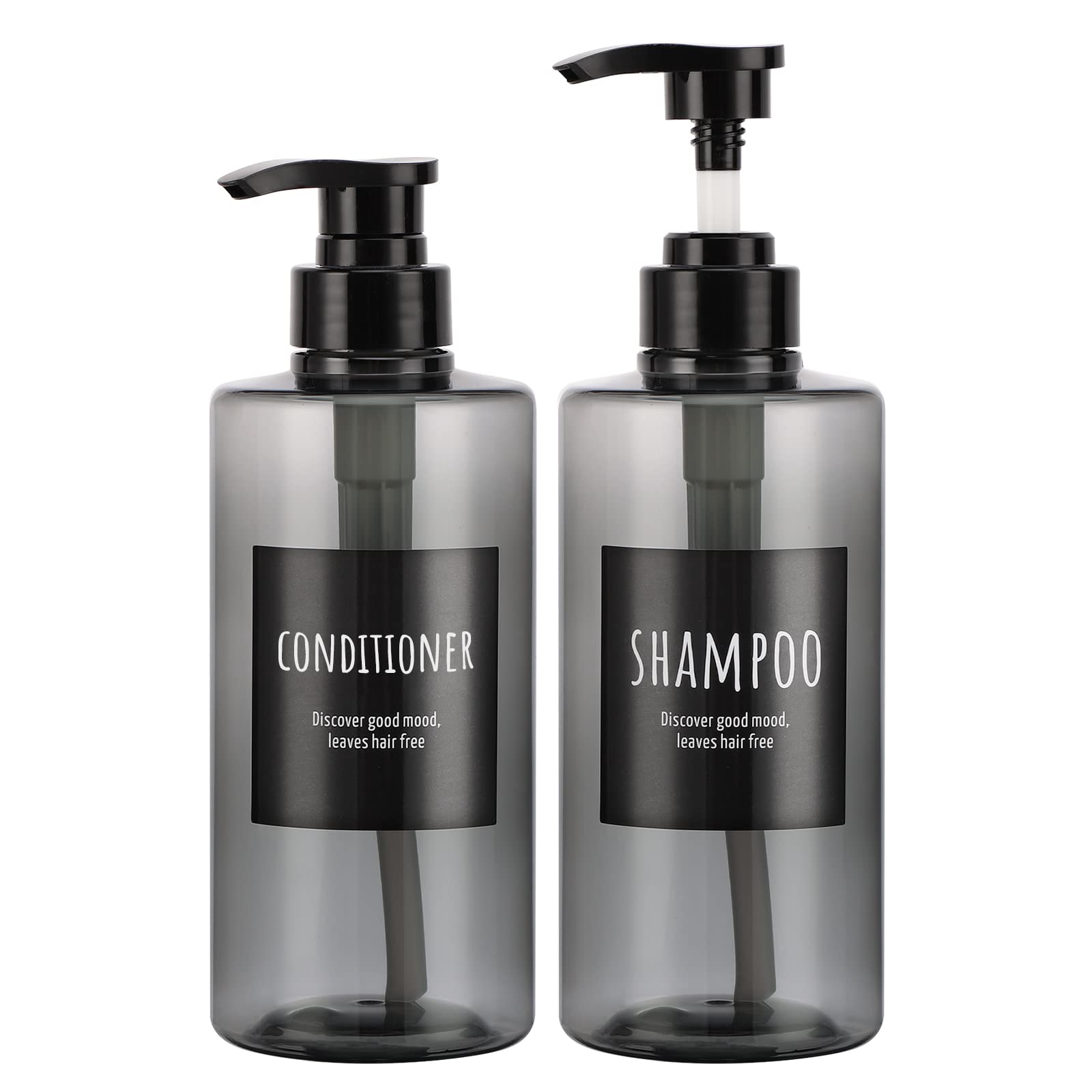 SegbeautySoap Dispenser with Labels, 2 Packs of 16.9oz Refillable Shampoo Body Wash Pump Bottles for Shower Hotel Bathroom, 500ml Empty Plastic Press Conditioner Lotions Dispenser Gray