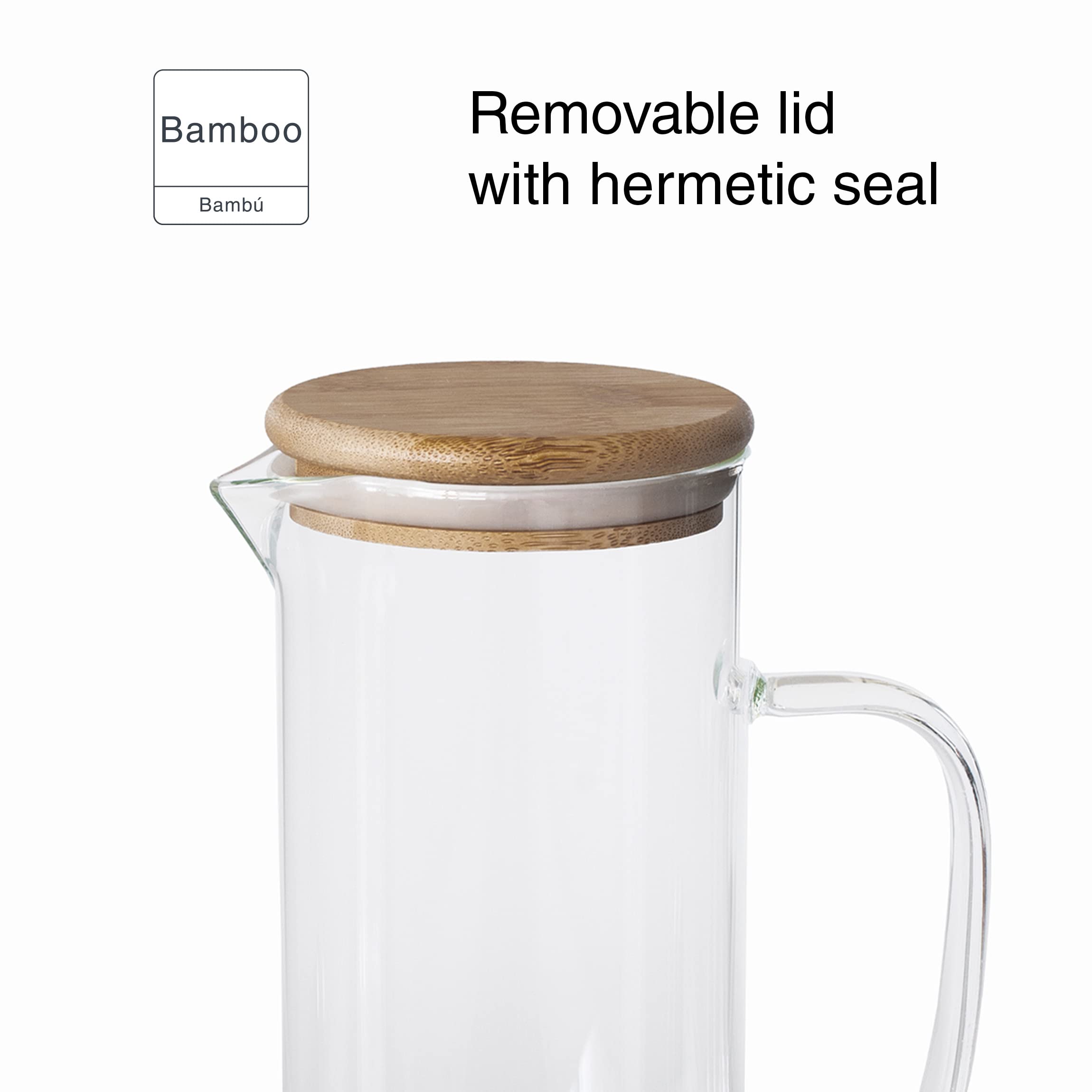Lacor - 61953 - Brocca d'acqua in vetro borosilicato - Piano in bambù - filtro filtro - Perfetto per limonata, caffè freddo, tè - lavabile in lavastoviglie - 1L.