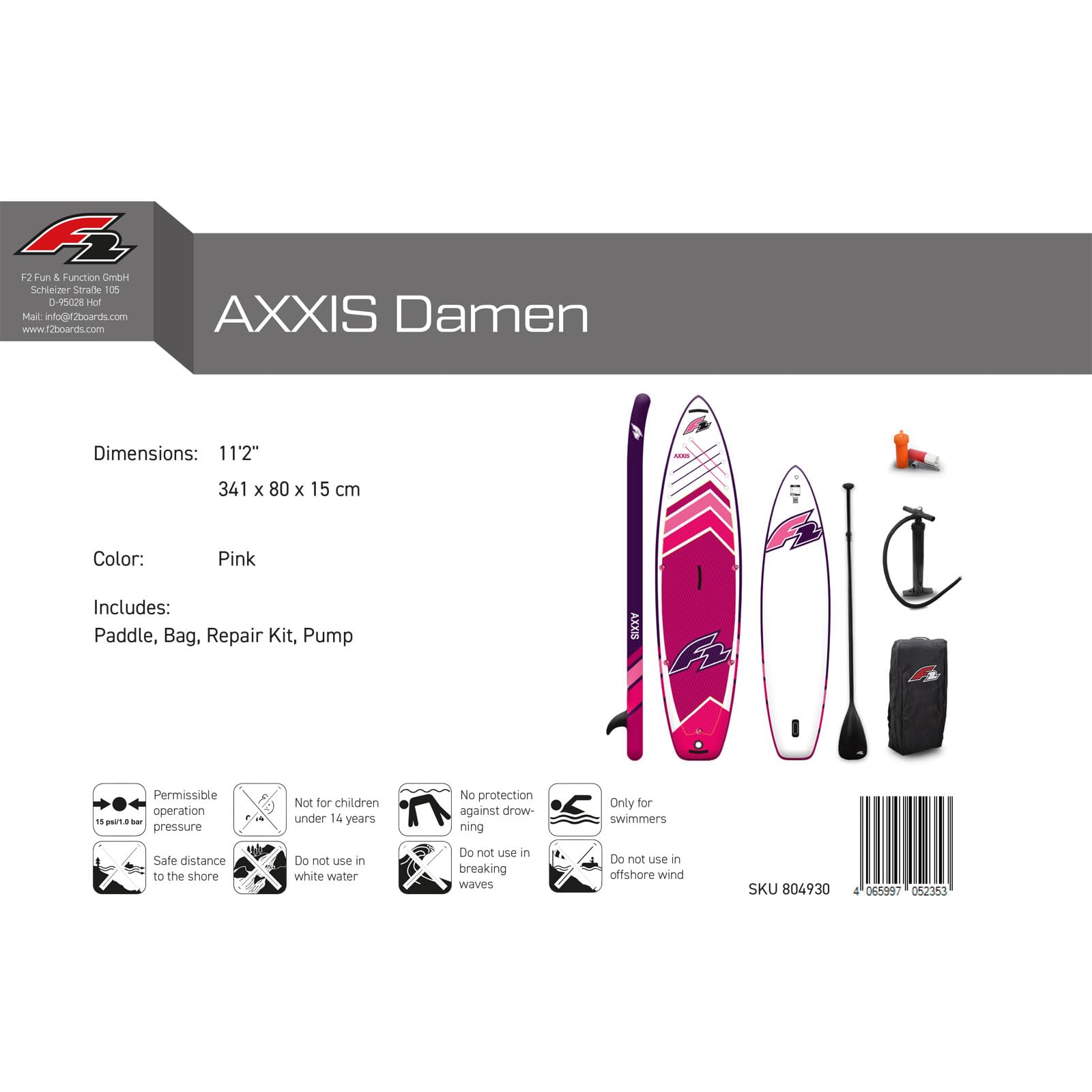 F2 Stand Up Paddle Board AXXIS - Damen SUP Größe wählbar Pink 2024/2025