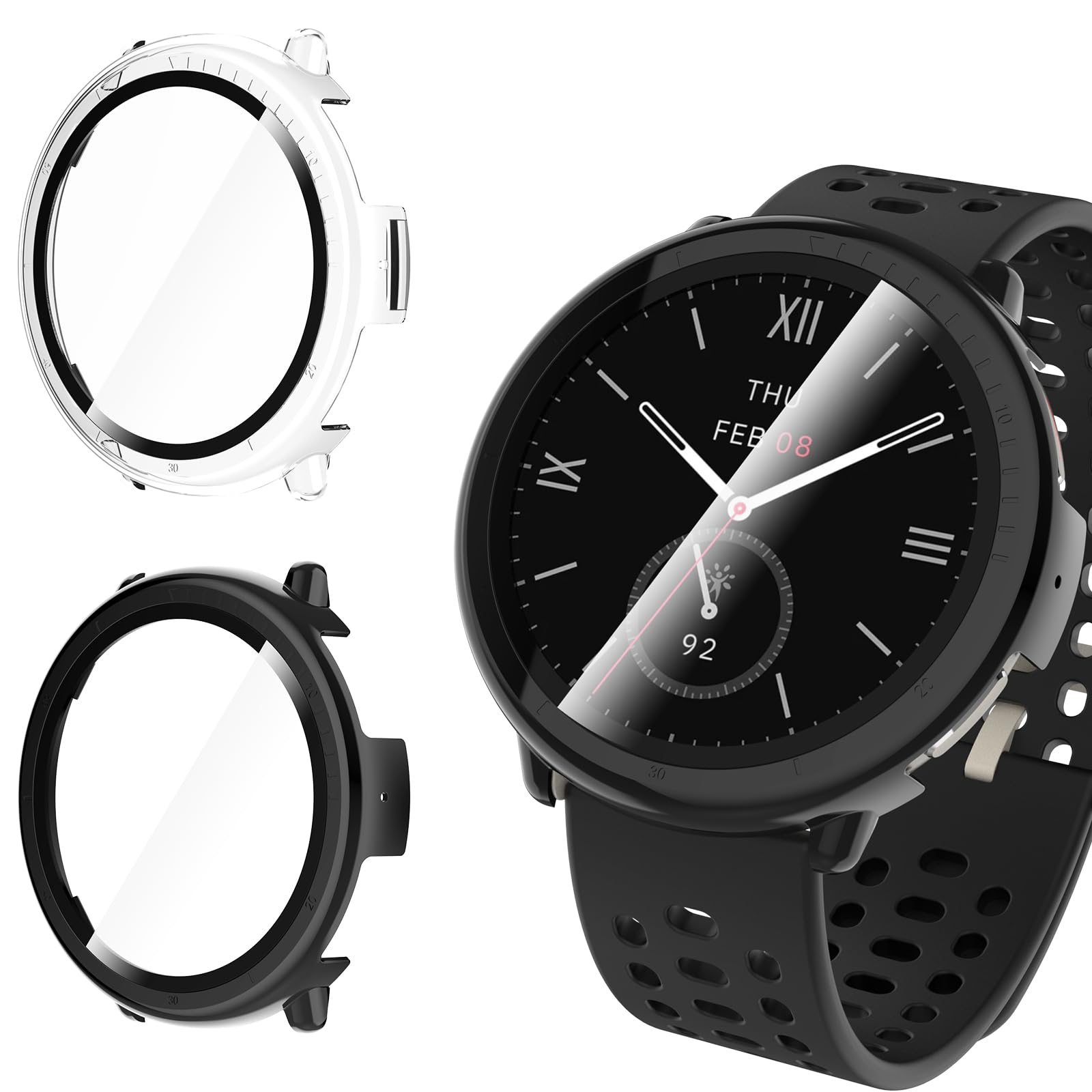 2 Piezas Funda Compatible con Amazfit Active 2, Estuche Rígido Delgado PC Protector de Pantalla Cristal Templado para Amazfit Active 2 (Negro + Trasparente)