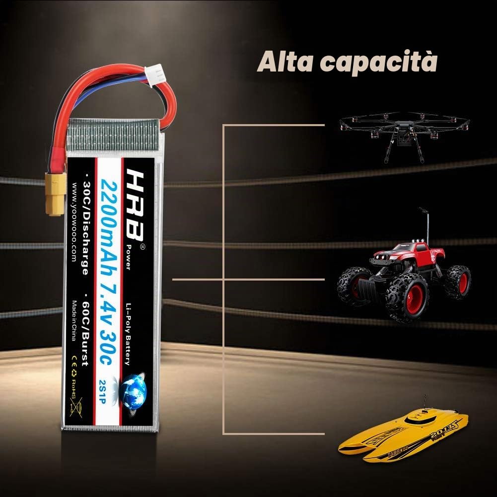 HRB 2pc 2200mAh 7.4V 2S 30C LiPo Battery Pack con spina XT60 compatibile con Rc Tr 1/16 E-Revo VXL Summit Slash Losi 1/14 Mini 8ight e Rc Cars