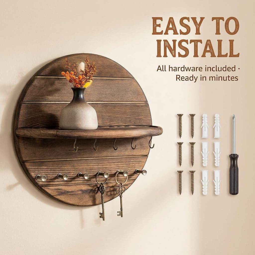 4PCS Key Holder Wall Mount Wood, Key Holder for Wall with Shelf, Round Wooden Key Rack Wall Mount, Entryway Wall Organizer with Hooks for Keys Sunglasses Mail Small Items, Rustic Farmhouse Home Decor