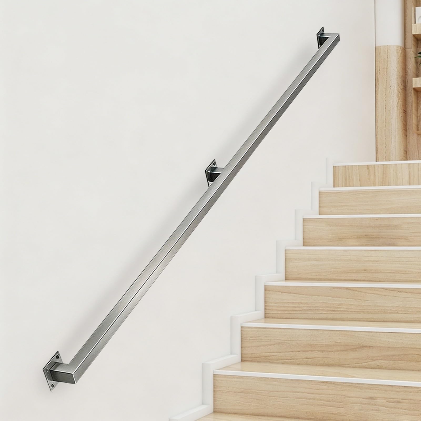 Silver Stair Railing Handrails Wall Mounted Grab Bar, Stainless Steel Square Tube Banister for Indoor & Outdoor Corridor Porch Lofts Kindergarten - Complete Kit(17ft/5.1m)