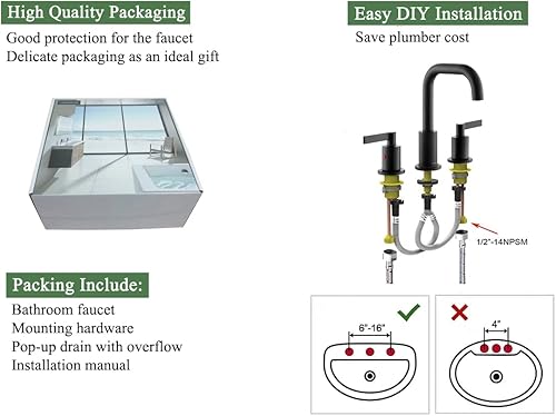Miniatura 5 de TAF288S-MB TAF288S-MB - Grifo de lavabo de baño de 8 pulgadas, color negro mate de 8 pulgadas, 3 agujeros con drenaje desplegable, moderno de arco