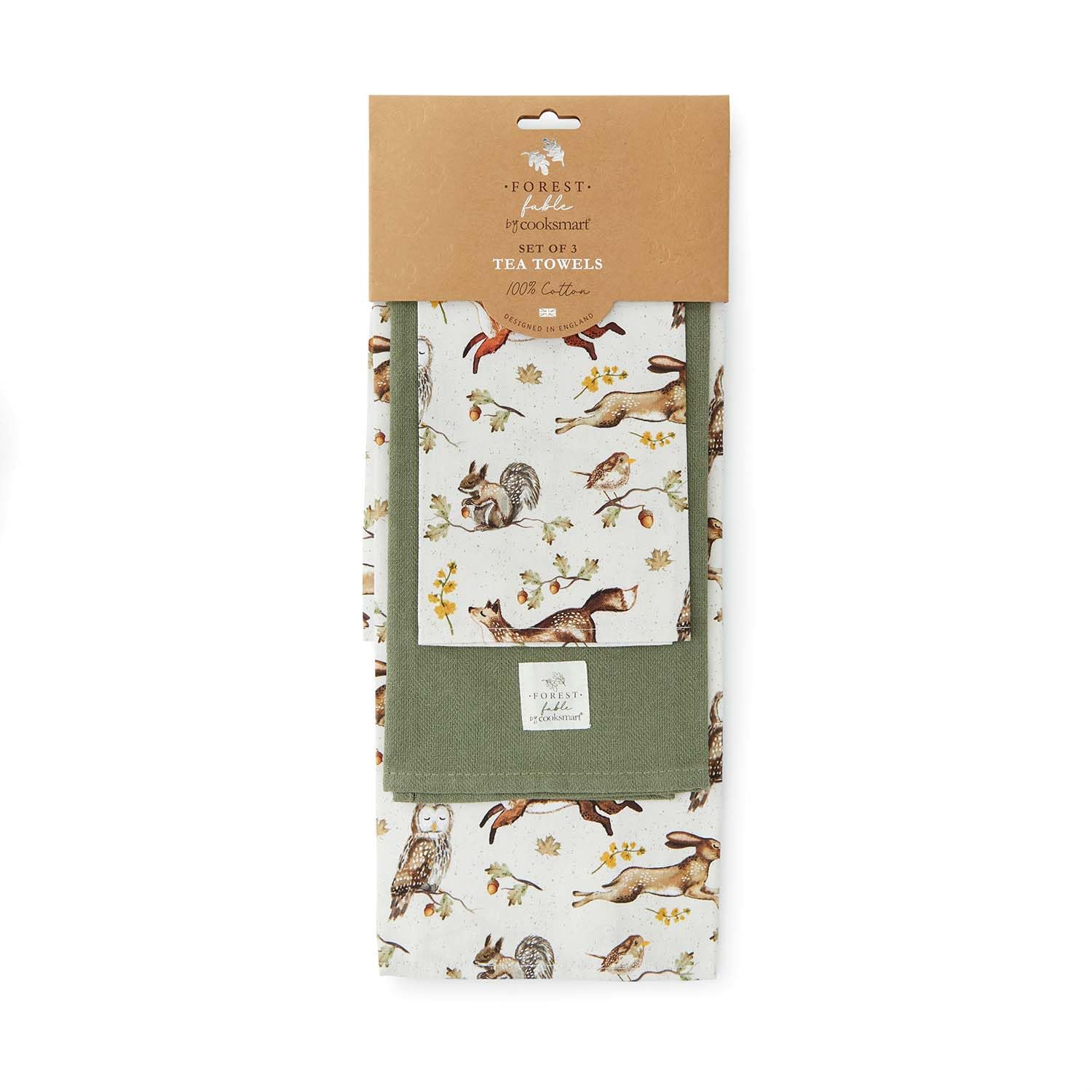 Cooksmart Forest Fable Tea Towels, Pack of 3, 100% Cotton