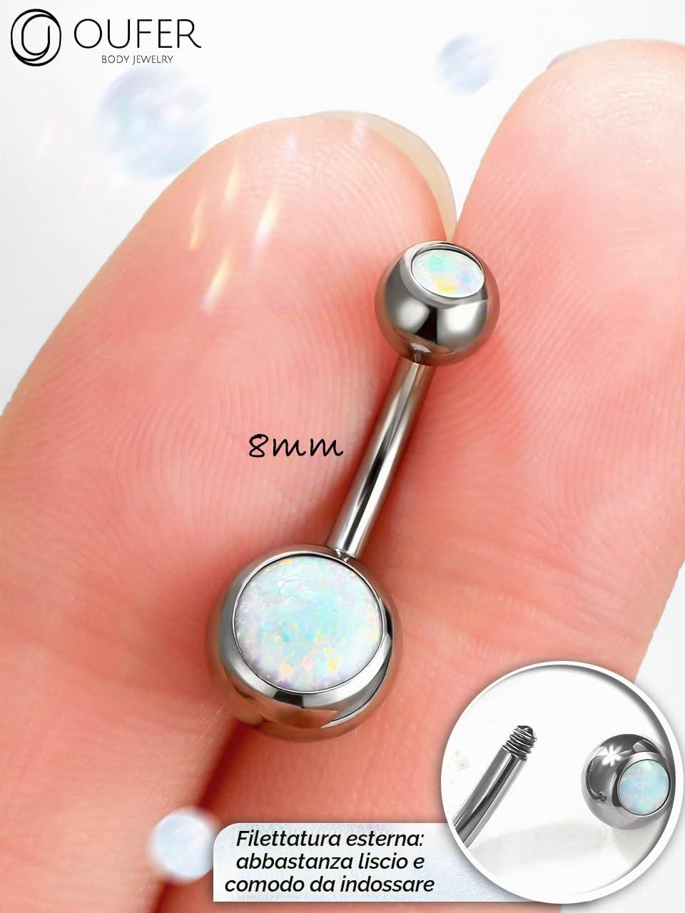 OUFER 14G Piercing per Ombelico Anello Titanio Palline Balls Pantaloncini Extra Lungo Short Long Bananabells Navel Pircing Anelli Doppio Bianco Opal 1,6 mm, Barbell Belly Button Jewellery 8 10 12 16mm