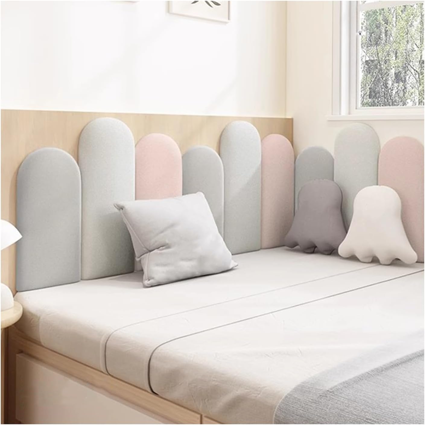 Padded Wall Panels - Peel and Stick Headboard, 3D Anti-Collision Wall Decor for Kids' Rooms and Playrooms, Stylish Dark Gray, Gray & Pink, 120x55cm, Easy to Install