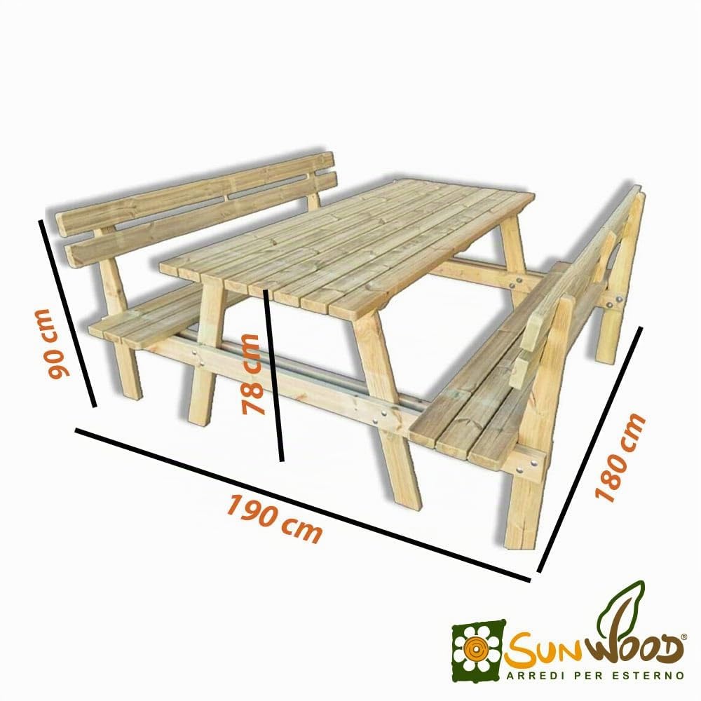 SUNWOOD Tavolo da picnic in legno 6 posti con panche integrate e schienale, 180x190x78h cm, in pino nordico impregnato