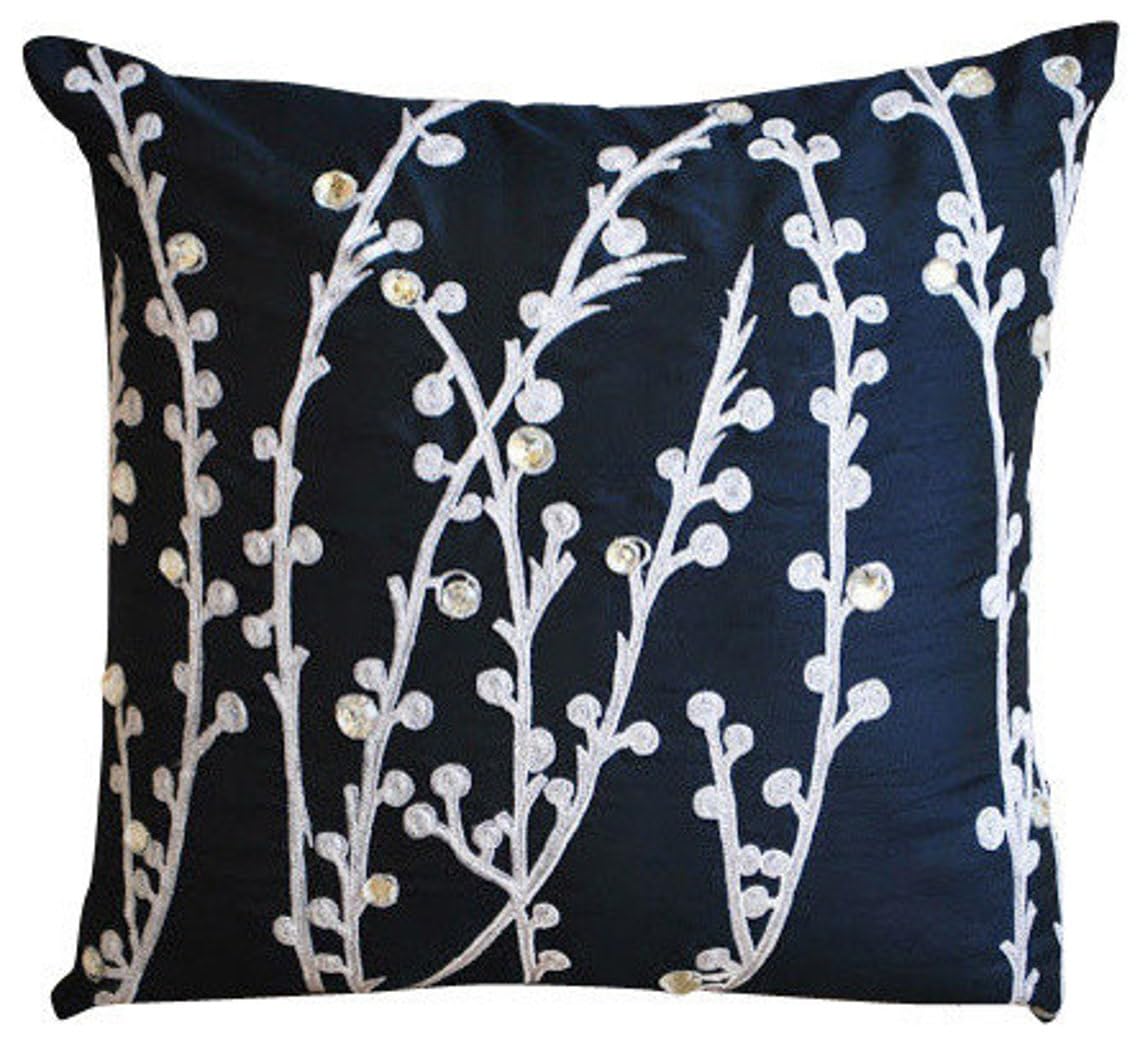 The HomeCentric Navy Blue Throw Cushions Cover, Willow Design 35x35 cm (14x14 inch) Decorative Square Throw Silk Pillowcase for Living room, Bedrooms, Sofa, Floral Contemporary - Navy Blue Willow — image 1