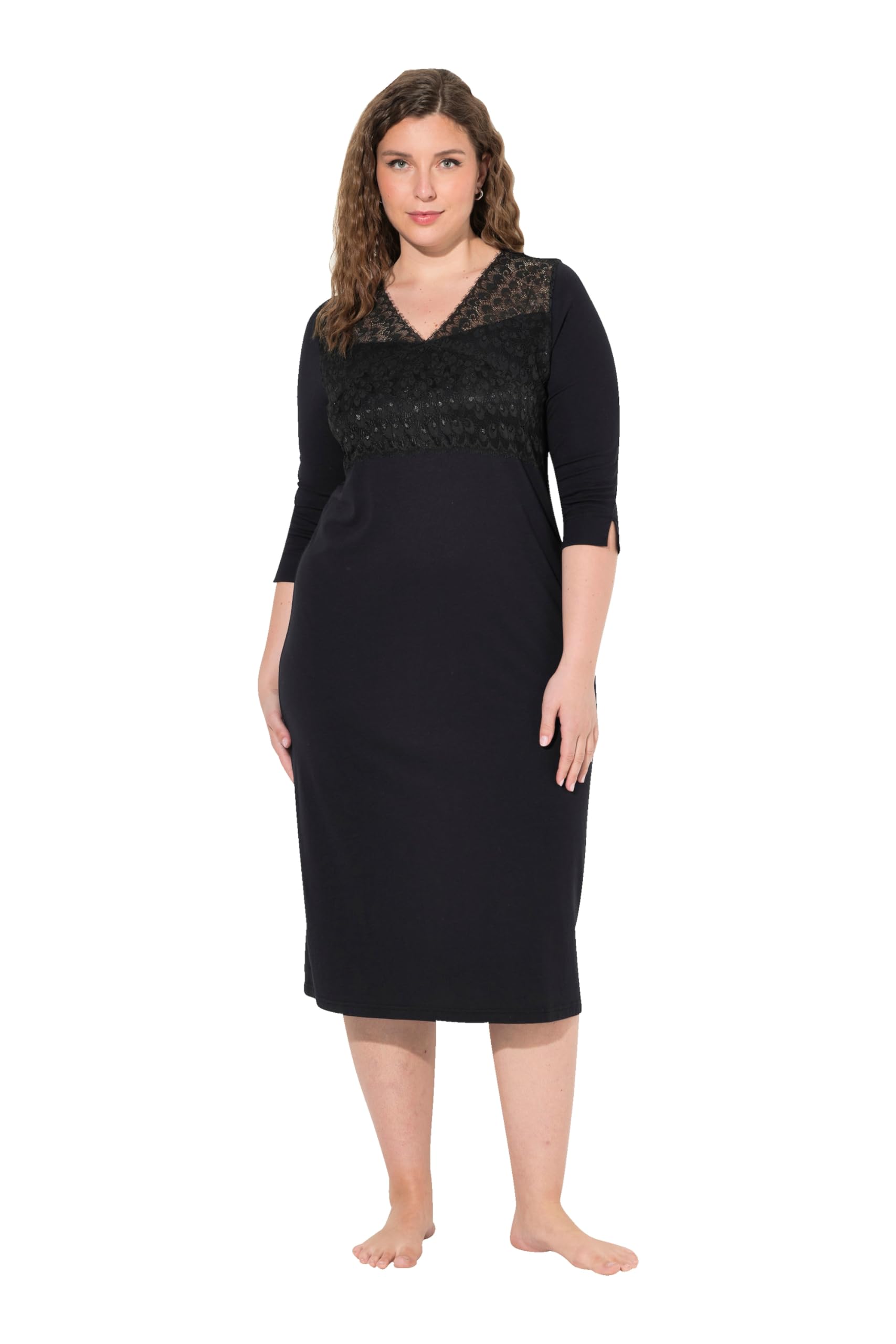 Ulla Popken Damen große Größen Übergrößen Plus Size Nachthemd, Spitzeneinsatz, V-Ausschnitt, 3/4-Arm 832325