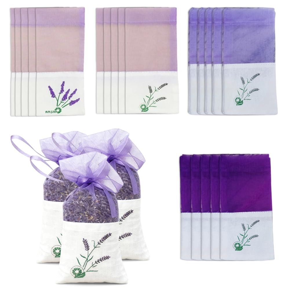 Vexthorion Lavender/Purple Bags 40 Pack Empty Sachet Bag 4 Styles - Cotton Gauze Drawstring Bags Sacks For Filling Dried Flowers Herbs Potpourri - Diy Aromatherapy Wardrobe Freshener Gift Making (9A)