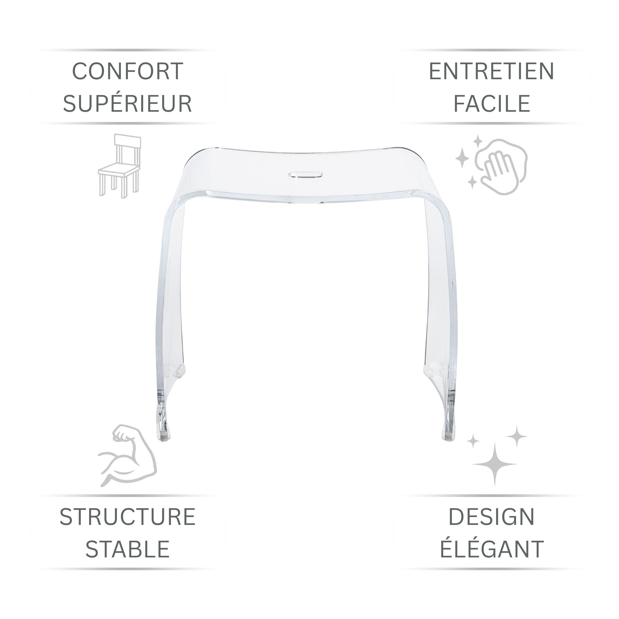 Tabouret de Salle de Bain Meran XL – Tabouret en Acrylique Transparent avec Assise Extra-Large – Tabouret de Douche Moderne avec poignée et Pieds en Caoutchouc antidérapants