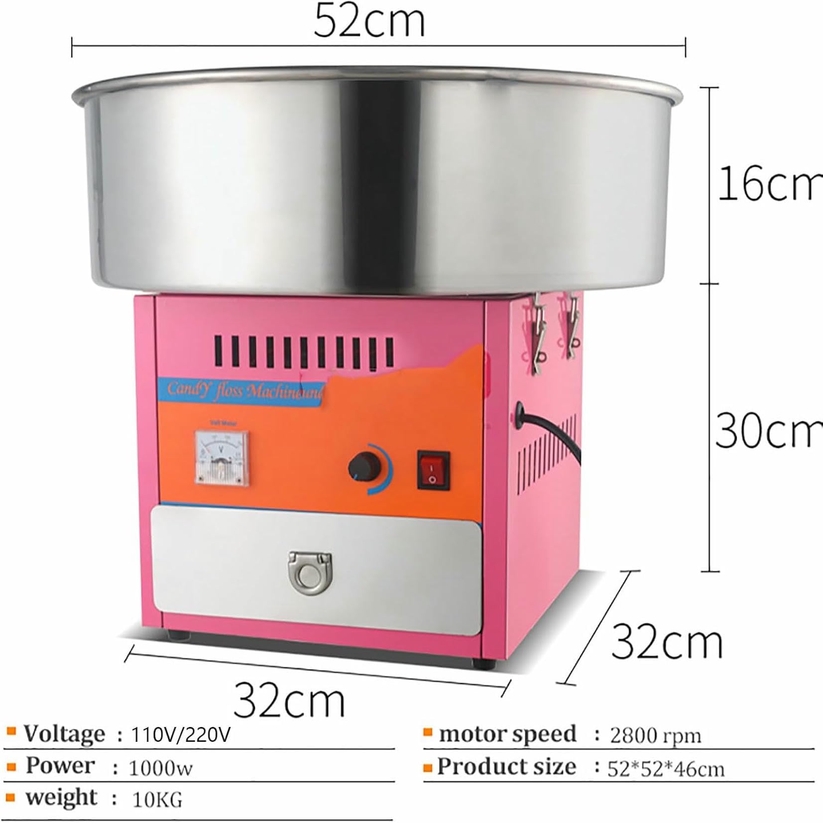 Máquina Comercial para Hacer Algodón de Azúcar, Máquina Eléctrica para Hacer Algodón de Azúcar, con Recipiente de Acero Inoxidable, Cuchara para Azúcar y Cajón Grande para Guardar~/