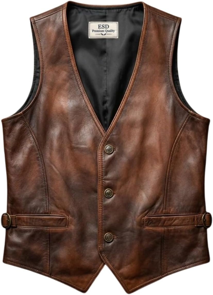 Men’s Cowboy Distressed Cowhide Leather Vest – Vintage Button-Up Biker Waistcoat Multi-Pocket Western Style