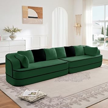 134.7" Boneless Sofa,Sleeper Sofa with 32D High Density Sponge,Fluffy Comfy Couch for Living Room,No Assembly|Modular Sectional Sofa|Non-Slip Bottom Design Green+4 Seat