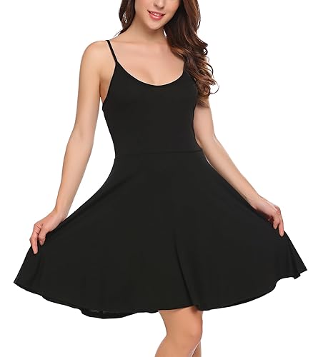 UNibelle Womens Summer Dresses Casual Spaghetti Strap Dress V Neck Floral Dresses Sleeveless Beach Sundress XS-XXL - M - Pure Black