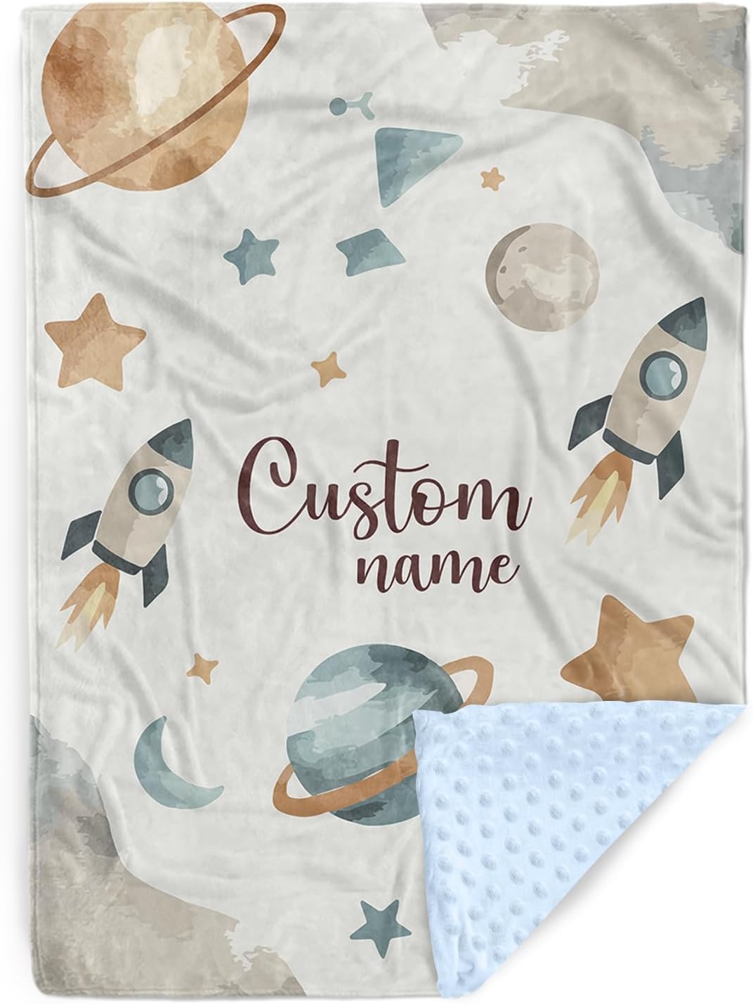 Personalized Baby Blanket with Name – Custom Baby Blankets for Boys, Planets and Rocket Ship Theme, Soft Plush Dotted Back, Space Nursery Bedding, Newborn Shower Gift