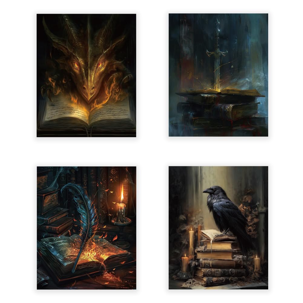 CRAFTYMELODY Book Dragon Bird Wall Art Prints Set of 4 Dark Style Poster Wall Decor Book Lover Artworks for Living Room Bedroom Classroom Office Decoration 8x10 Inch Unframed