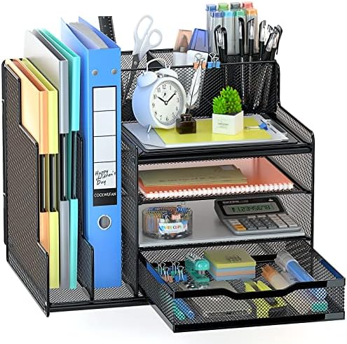 VIVSOL Desk Organizer with Mesh File Holder, 4-Tier Office Supplies Desk Organizers and Accessories with Sliding Drawers, 3 Trays & Pen Holder, Desk File Organizer and Storage for Office, School, Home