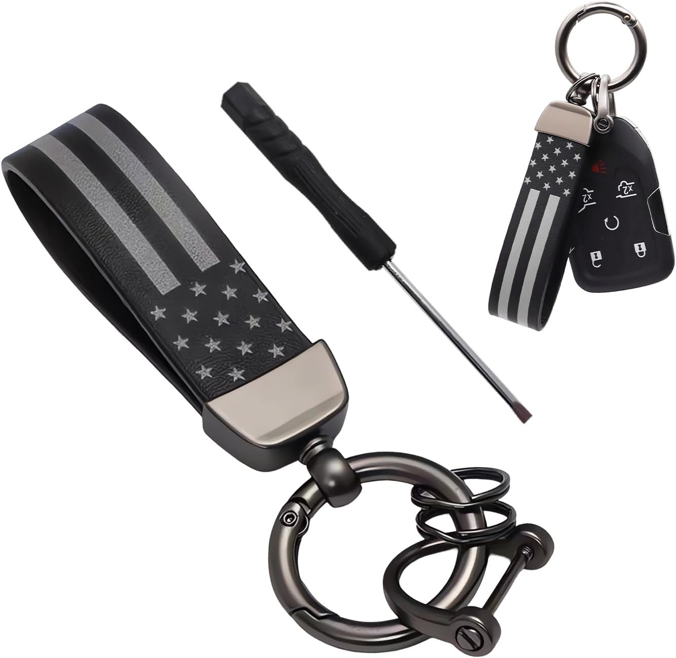 US Flag Car Keychain, 360° Rotation American Flag Key Chain with Zinc Alloy Rings & Anti Lost D-Ring, Car Accessories (Black)