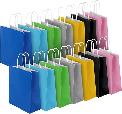 bagmad Paquete de 70 bolsas pequeñas de papel kraft multicolor de 6 x 3.25 x 8 pulgadas con asas, 7 colores surtidos, bolsas de regalo para