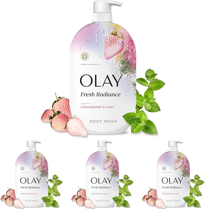 Sabonete líquido corporal Olay Fresh Radiance com fragrância de morango e menta, Vitamina B3 e antioxidantes, 4 unidades de 1.050 mL
