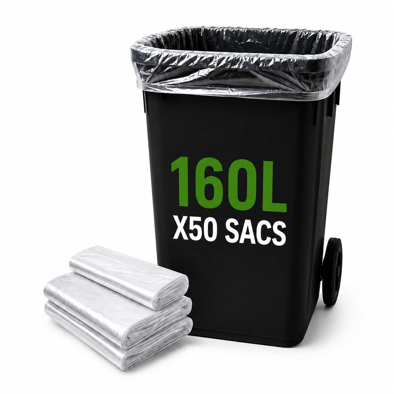 Sacco per la spazzatura trasparente, 160 litri, 50 sacchetti per la spazzatura 160 l, molto resistente (30 µ), per bidoni contenitore 2 ruote, triciclo selettivo rifiuti, protezione anti-perdite, anti