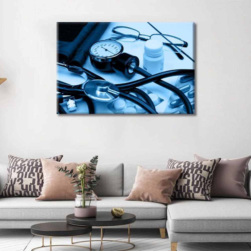 Canvas Wall Art Medical Hospital Background in Blue Wall Decor for Living Room 1 Pieces Stethoscope Artwork Wall Decor for Bedroom Giclee Wooden Framed Gallery-Wrapped Ready to Hang, 24" Wx36 H