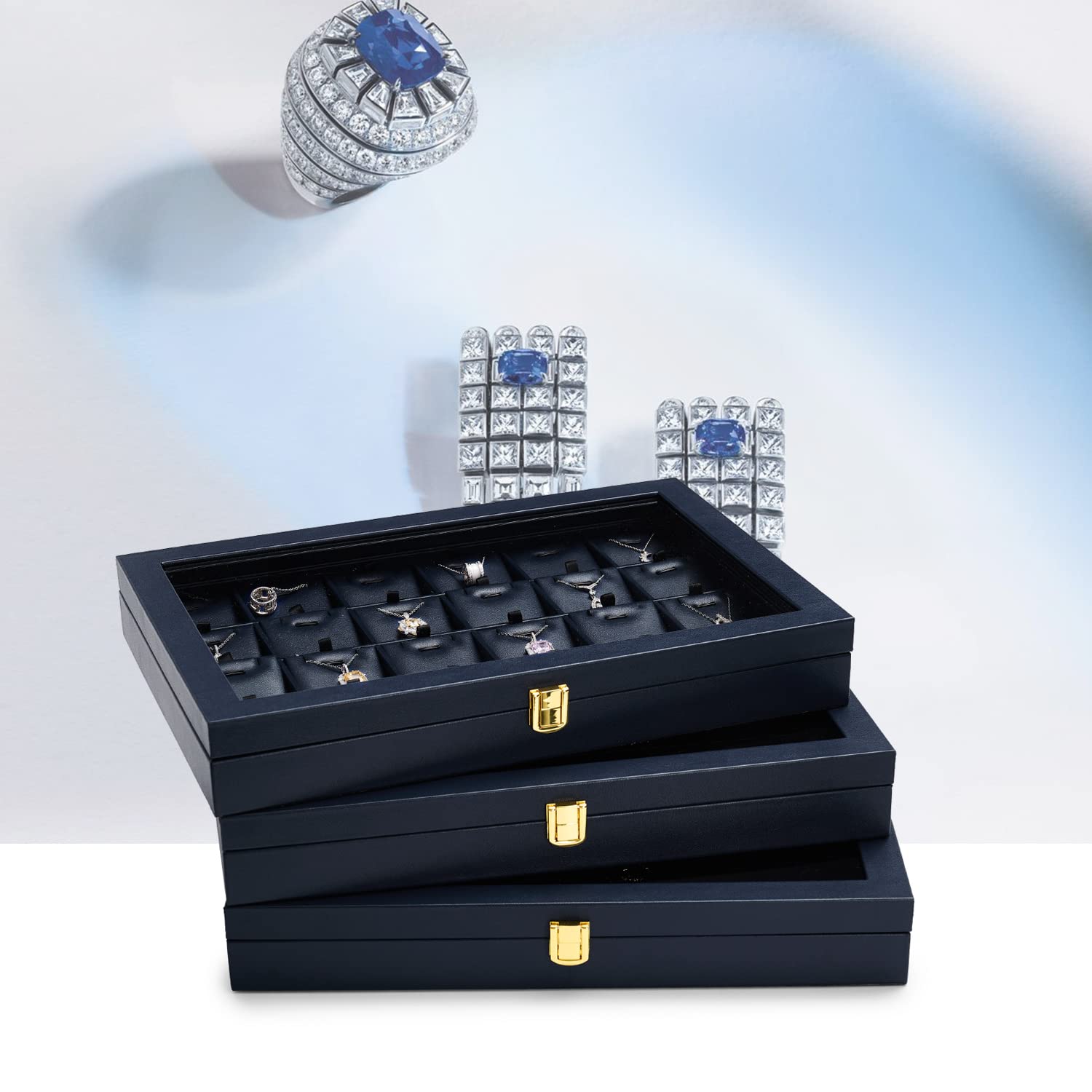 Bandeja Para Joyas 12 Compartimentos, Caja De Almacenamiento De Cuero Con Tapa Transparente - Joyero Con Cerradura Para Colgantes, Collares Y Joyas (azul)